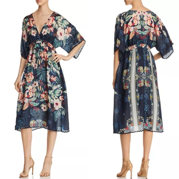 Johnny Was Annia Printed Silk V-Neck Kimono Sleeve Midi Dress Sz XL - Picture 15 of 16